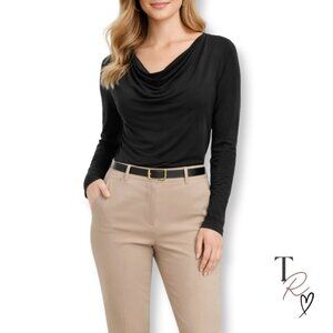 Tahari Long Sleeve Drape Neck Long Sleeve Career Top Blouse Black Small